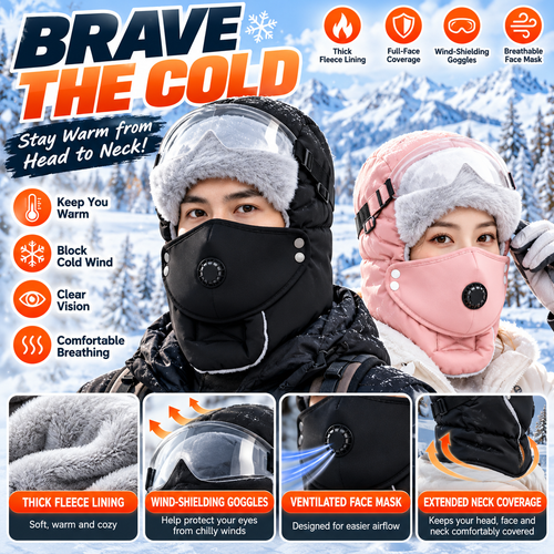 ❄️ Winter Fleece Balaclava Hat with Goggles – Full Face Wind Protection