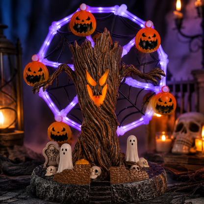👻🎡 Animated Halloween Ghost Tree Ferris Wheel Table Decor with LED Lights – Spooky Pumpkin Carousel Display