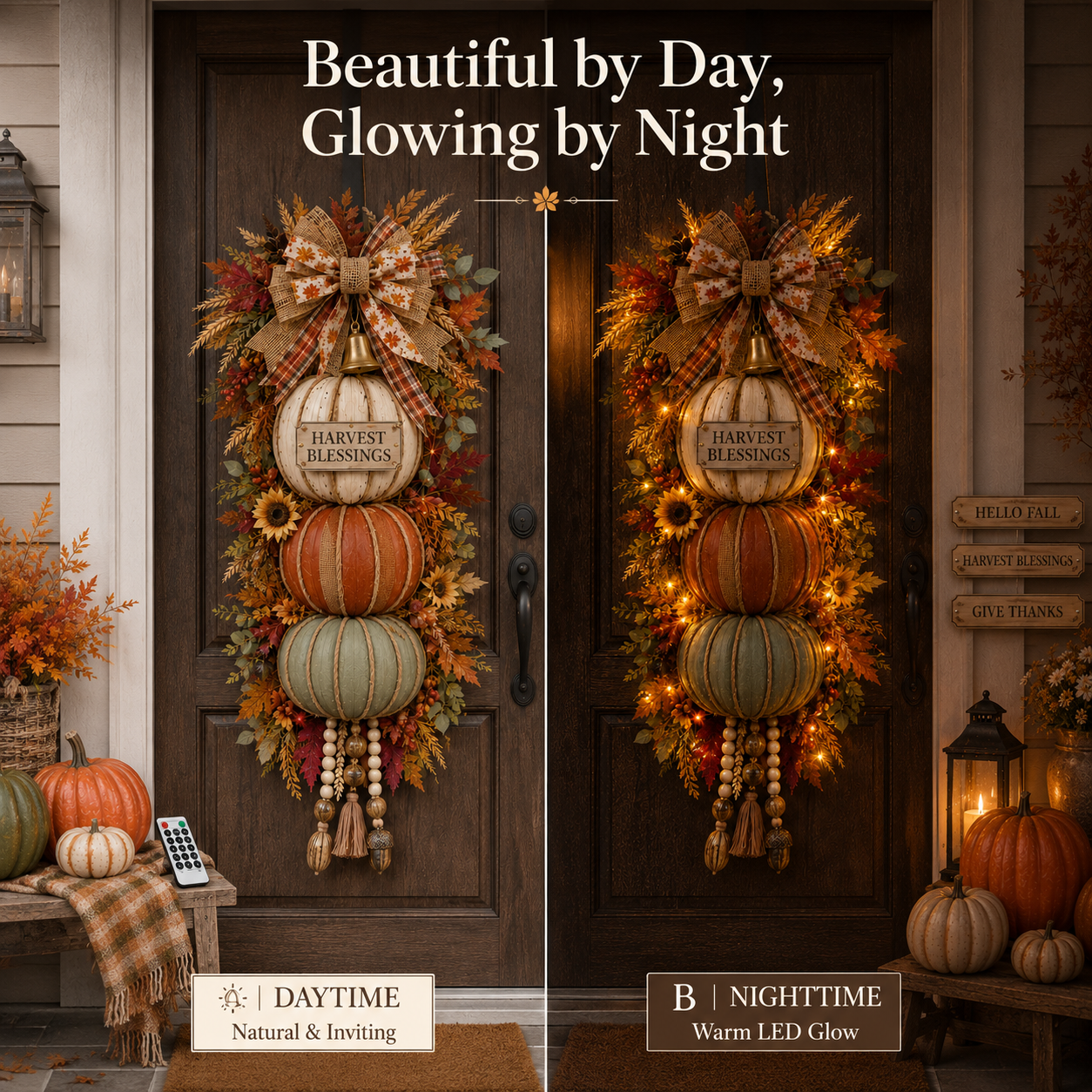 🍂🏡🎃Lighted Stacked Pumpkin Fall Door Decor with 3 Seasonal Plaques
