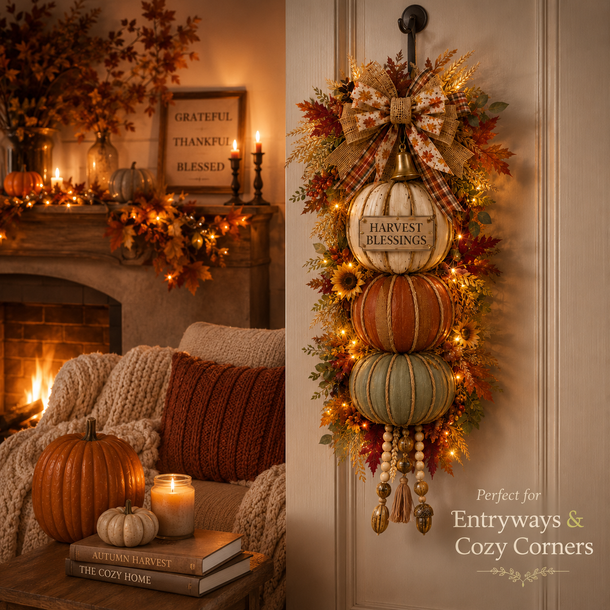 🍂🏡🎃Lighted Stacked Pumpkin Fall Door Decor with 3 Seasonal Plaques