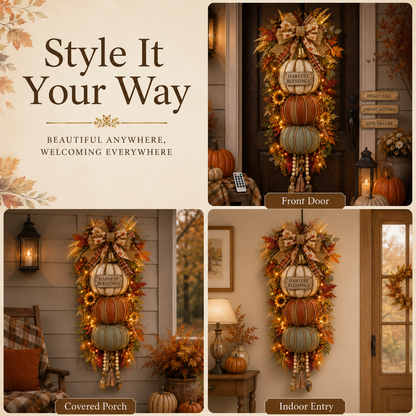 🍂🏡🎃Lighted Stacked Pumpkin Fall Door Decor with 3 Seasonal Plaques