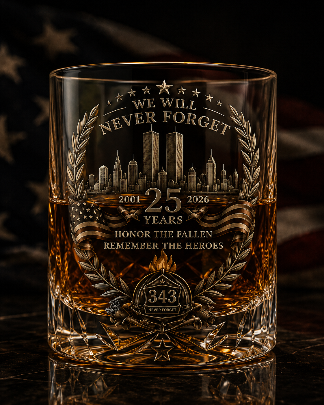 🕯️ 9/12 25th Anniversary Memorial Whiskey Decanter & Glass Gift Set – We Will Never Forget 343 Heroes Tribute