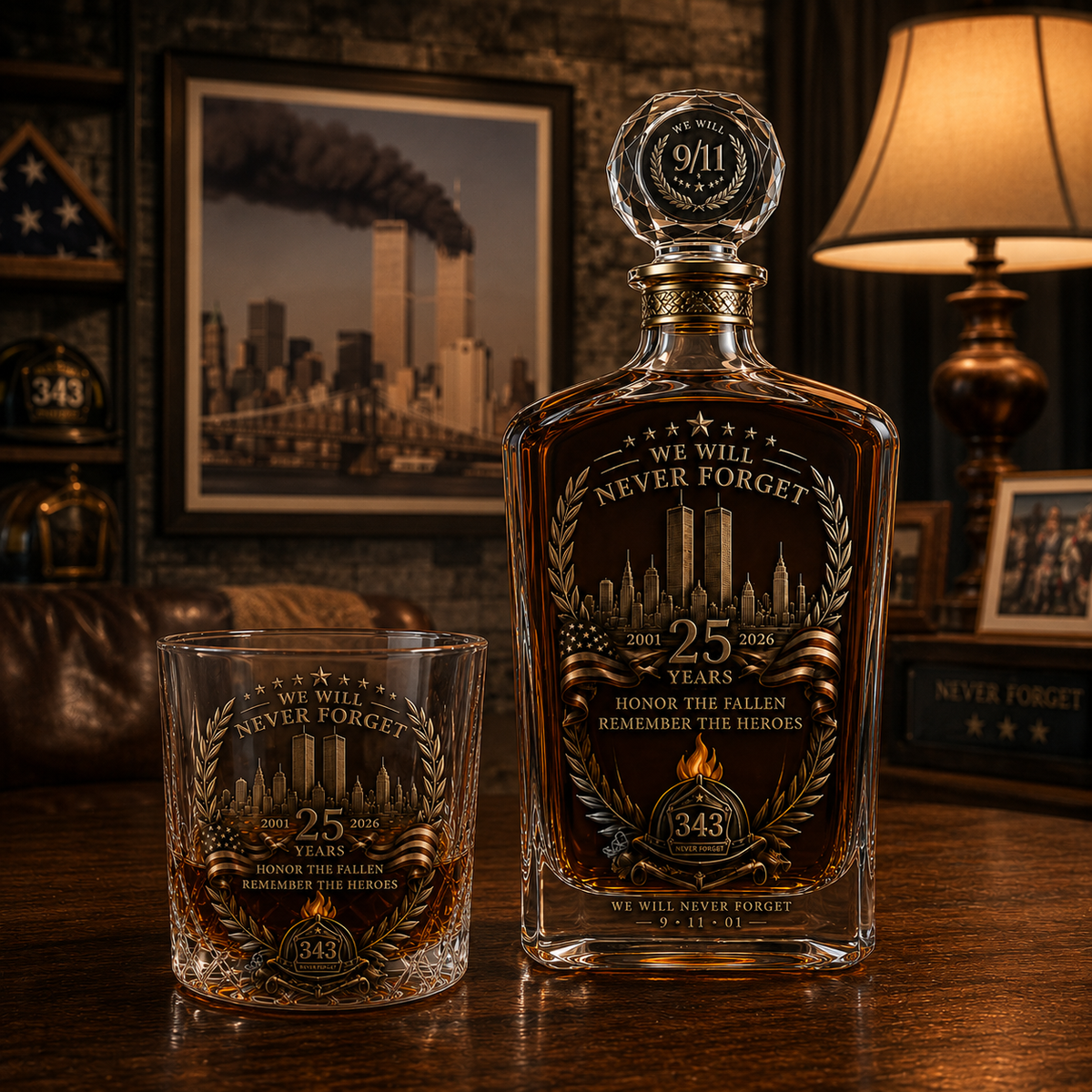 🕯️ 9/12 25th Anniversary Memorial Whiskey Decanter & Glass Gift Set – We Will Never Forget 343 Heroes Tribute