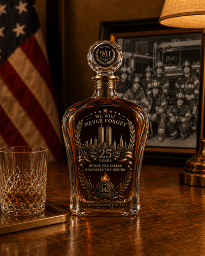 🕯️ 9/12 25th Anniversary Memorial Whiskey Decanter & Glass Gift Set – We Will Never Forget 343 Heroes Tribute
