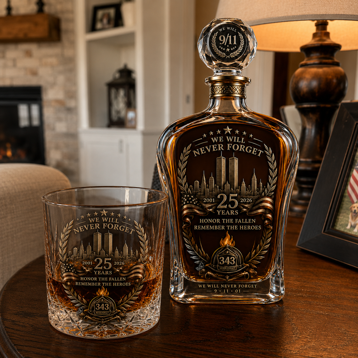 🕯️ 9/12 25th Anniversary Memorial Whiskey Decanter & Glass Gift Set – We Will Never Forget 343 Heroes Tribute