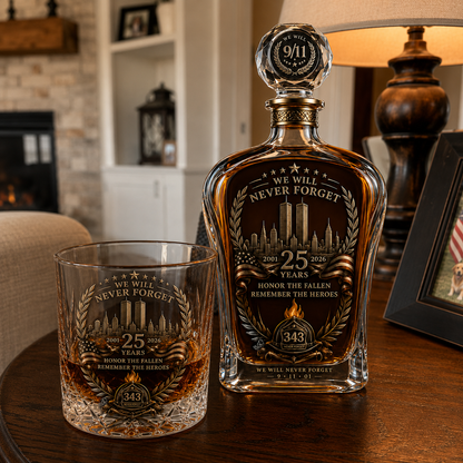 🕯️ 9/12 25th Anniversary Memorial Whiskey Decanter & Glass Gift Set – We Will Never Forget 343 Heroes Tribute