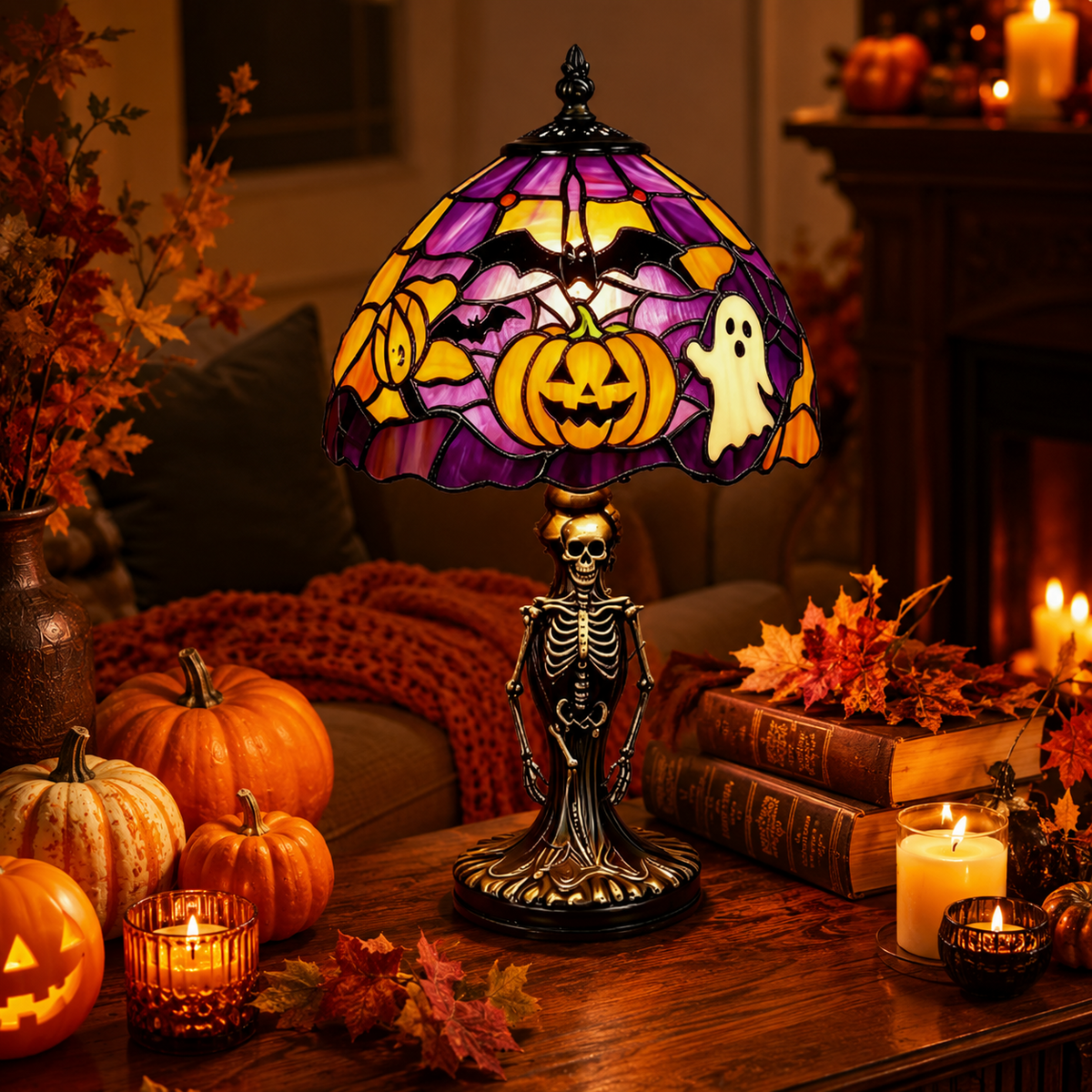 Halloween stained glass skeleton table lamp glowing in a cozy room