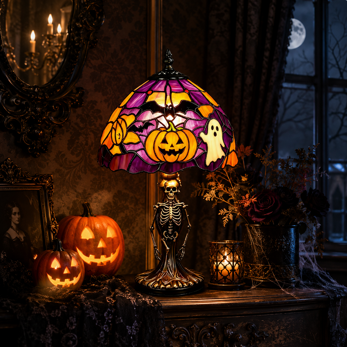 Halloween skeleton lamp glowing on a table at night