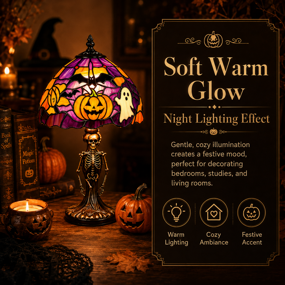 Halloween lamp with warm glow and stained glass style shade