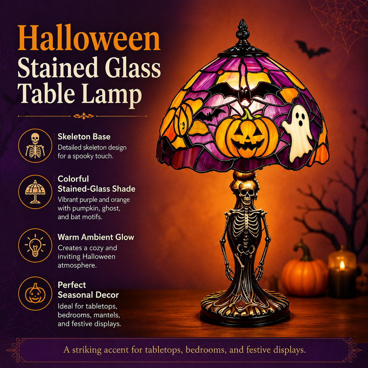 Halloween stained glass table lamp skeleton base and colorful shade