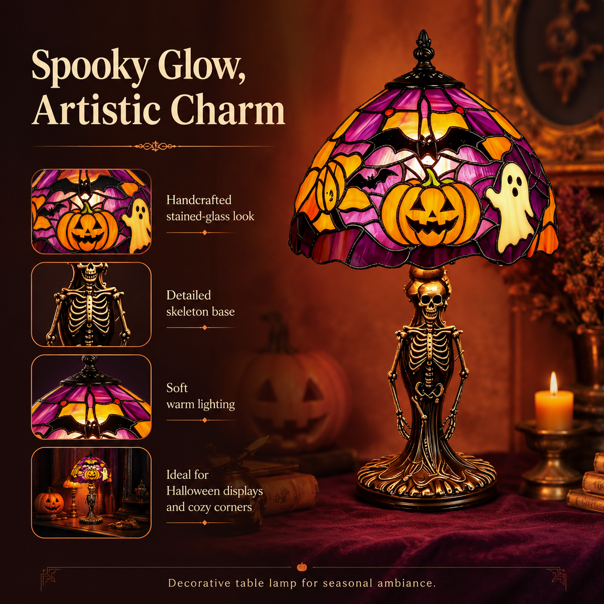 Spooky glow Halloween skeleton Tiffany style lamp