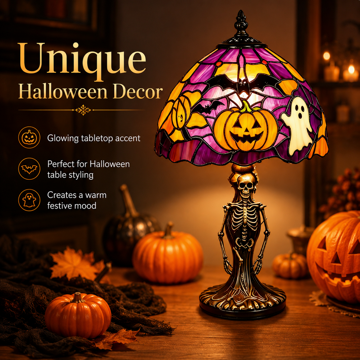 Unique Halloween table lamp glowing beside pumpkins