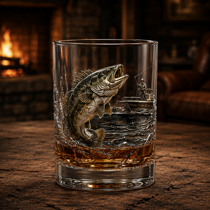 🎣 Legends of the Water – 3D Double Old-Fashioned Fishing Whiskey Glass Collection 🥃