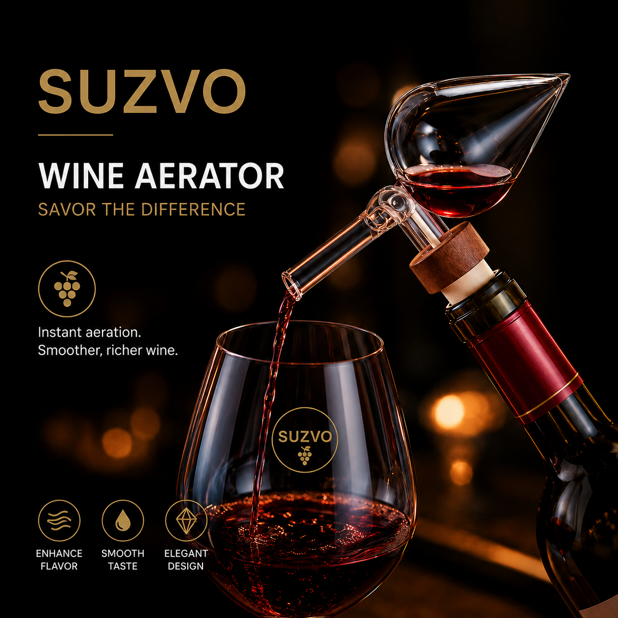 Glass Wine Aerator Pourer – Handcrafted Instant Wine Decanter Spout for Red Wine Bottles