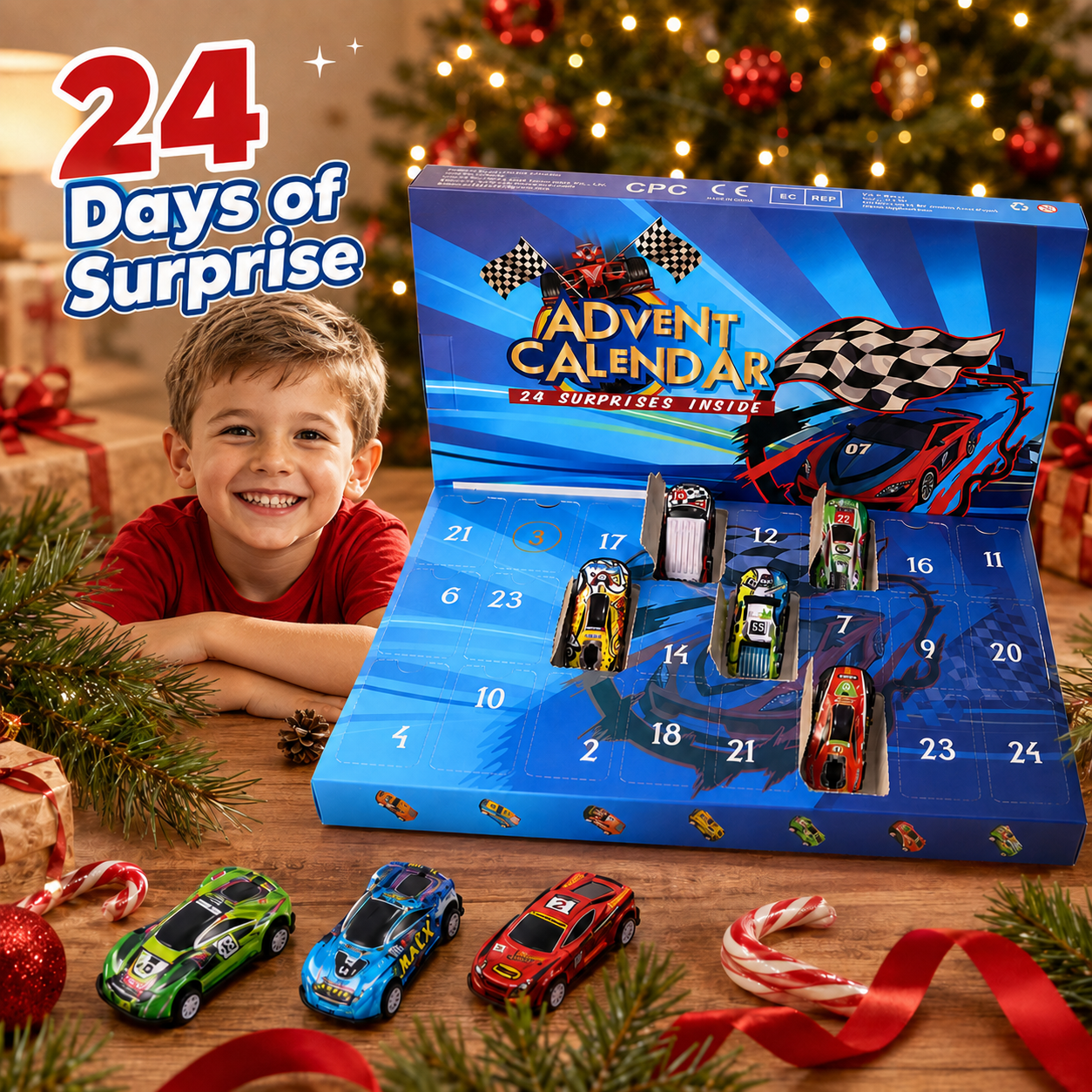 🎄24-Day Christmas Advent Calendar – Surprise Toy Race Cars Set 🚗