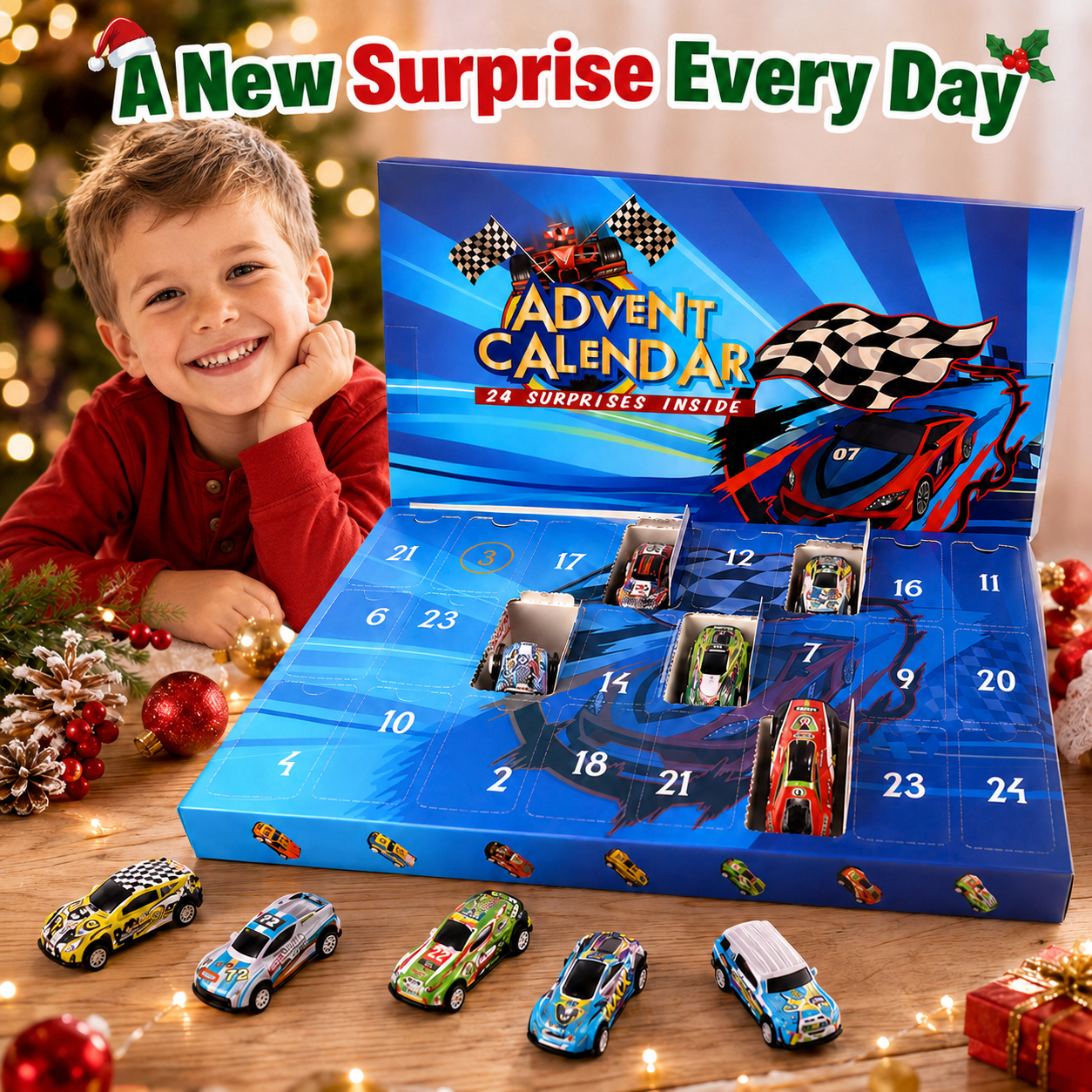 🎄24-Day Christmas Advent Calendar – Surprise Toy Race Cars Set 🚗