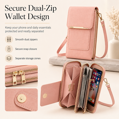 Touchscreen Crossbody Phone Bag – Use Your Phone Through the Clear Window, 3 Card Slots & Dual-Zipper Secure Storage