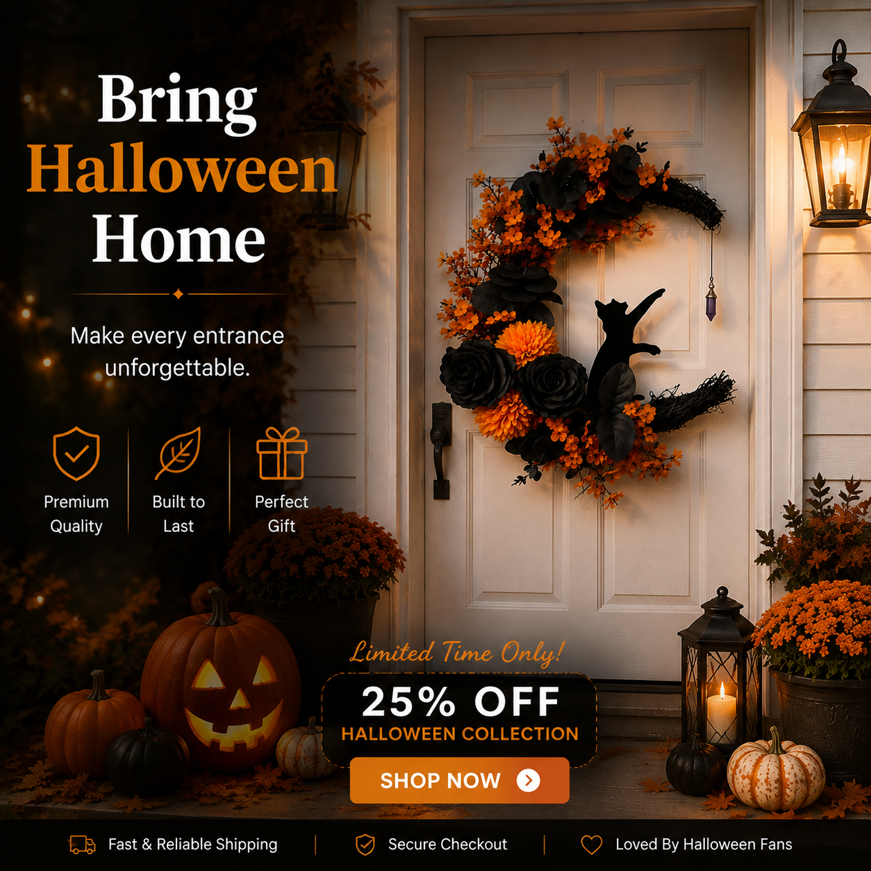 Gothic Cat Halloween Wreath | Floral Door Decor