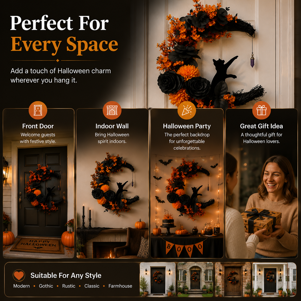 Gothic Cat Halloween Wreath | Floral Door Decor