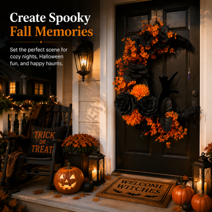 Gothic Cat Halloween Wreath | Floral Door Decor