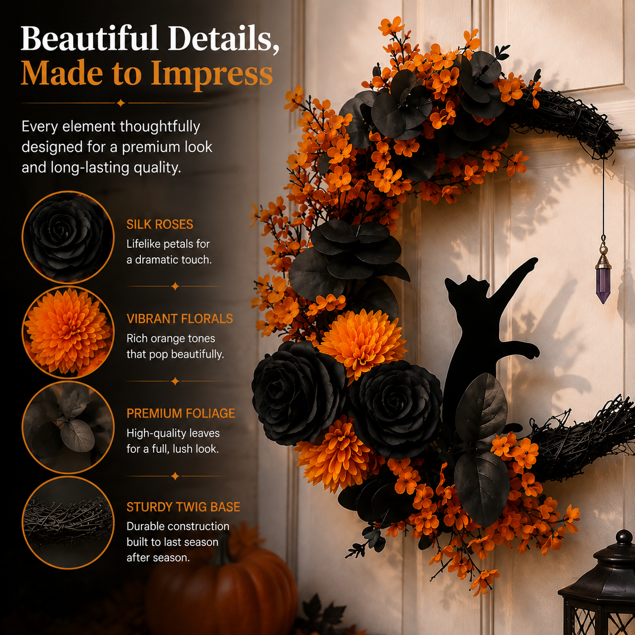 Gothic Cat Halloween Wreath | Floral Door Decor