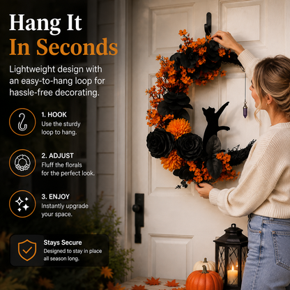 Gothic Cat Halloween Wreath | Floral Door Decor