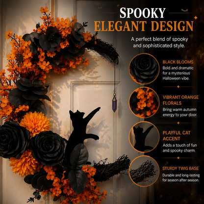 Gothic Cat Halloween Wreath | Floral Door Decor