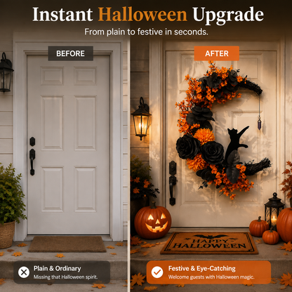 Gothic Cat Halloween Wreath | Floral Door Decor