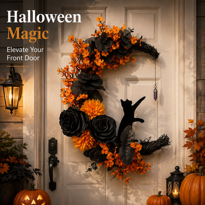 Gothic Cat Halloween Wreath | Floral Door Decor
