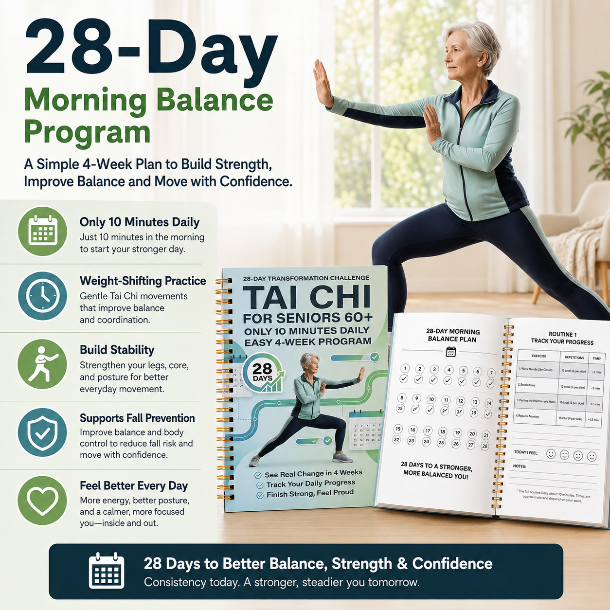 🔥Tai Chi Walking for Seniors, Spiral Bound 28 Day Morning Plan