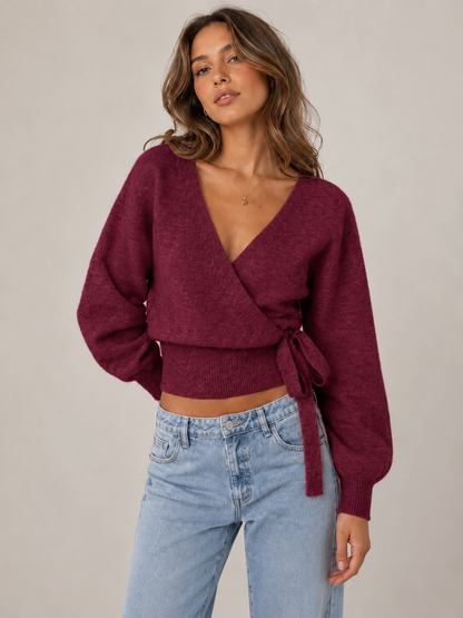 🍂 Fall Style ✨ Women's V-Neck Wrap Sweater with Lantern Sleeves & Cinched Waist 🤎