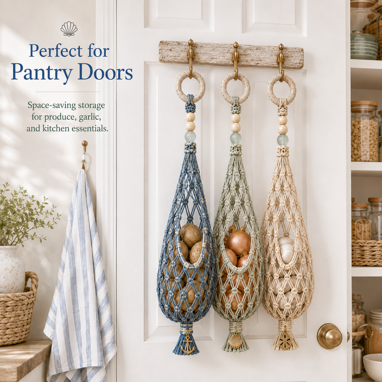 🌊🥔 Coastal Hanging Produce Storage – Handwoven Breathable Organizer with Easy Side Access