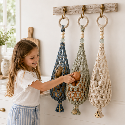 🌊🥔 Coastal Hanging Produce Storage – Handwoven Breathable Organizer with Easy Side Access