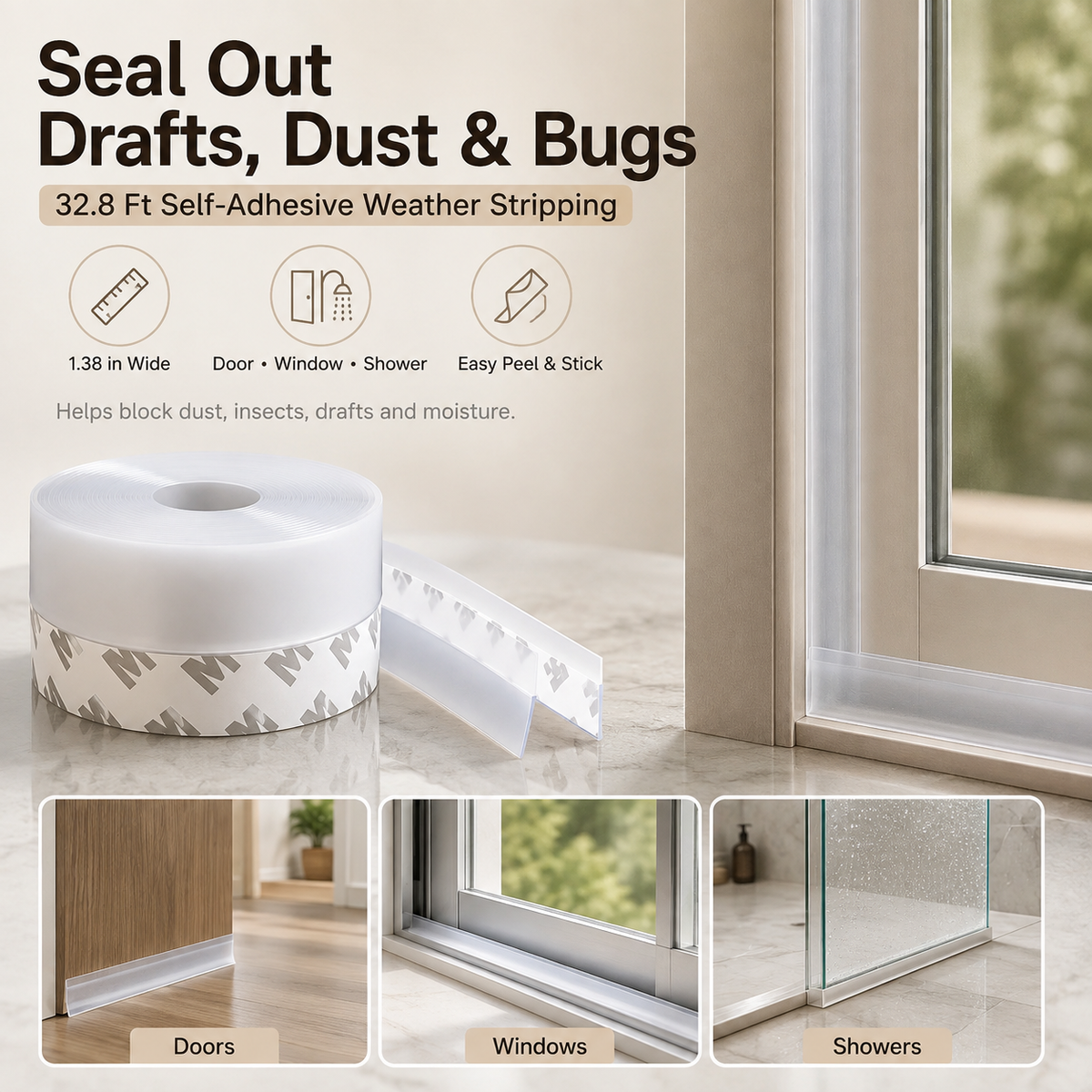 🚪16.4 Ft Adhesive Weather Stripping Tape , Draft Stopper for Doors & Windows, Shower Sealing