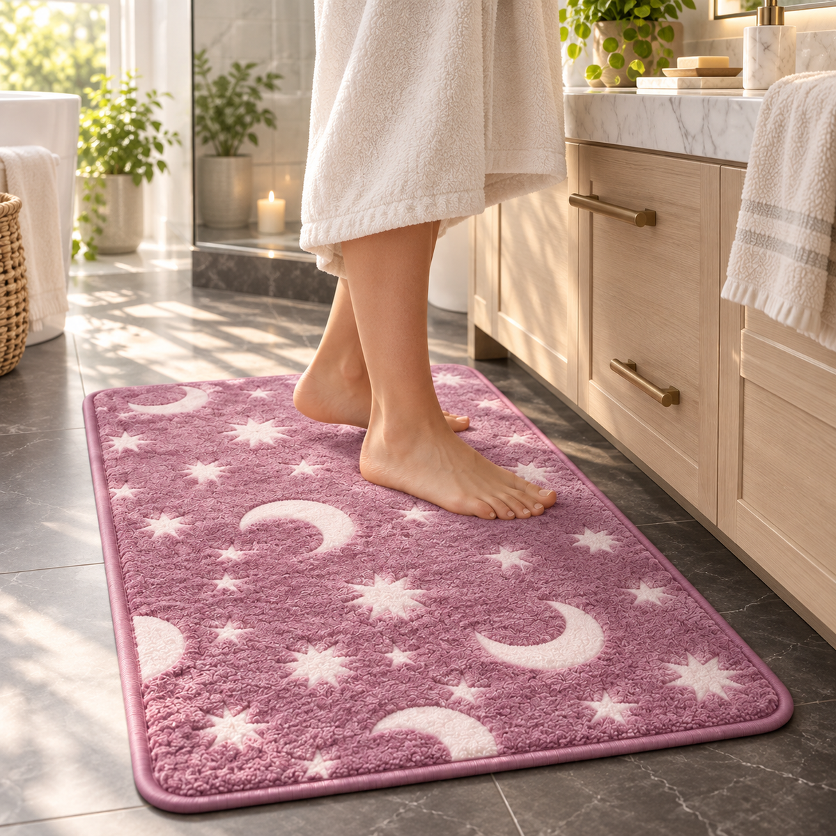 🌙 Glow-in-the-Dark Moon & Star Bathroom Mat Set – 3 Piece Plush Set