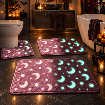 🌙 Glow-in-the-Dark Moon & Star Bathroom Mat Set – 3 Piece Plush Set