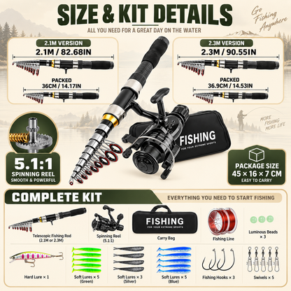 🎣 50% OFF✨🐟 Complete Travel Fishing Gear Set‑Telescopic Fiberglass Rod with Storage Bag 🎒