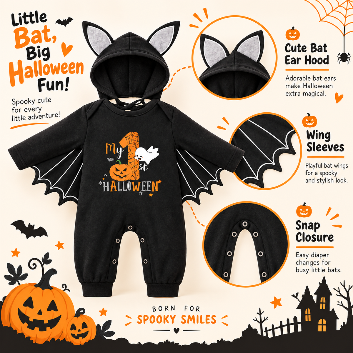 Baby My First Halloween Black Bat Costume Romper with Wing Details