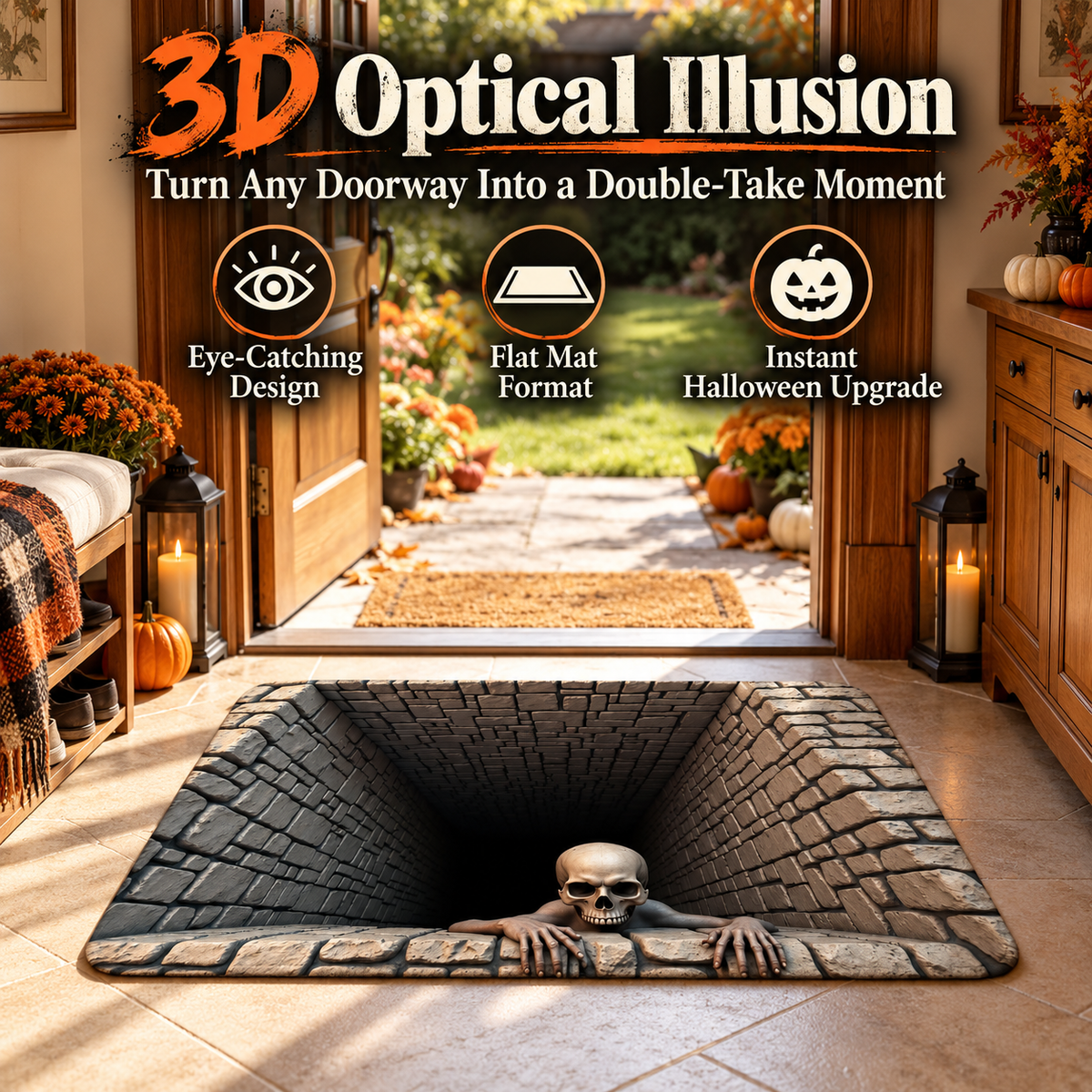 💀3D Halloween Optical Illusion Door Mat – Spooky Non-Slip Entryway Rug