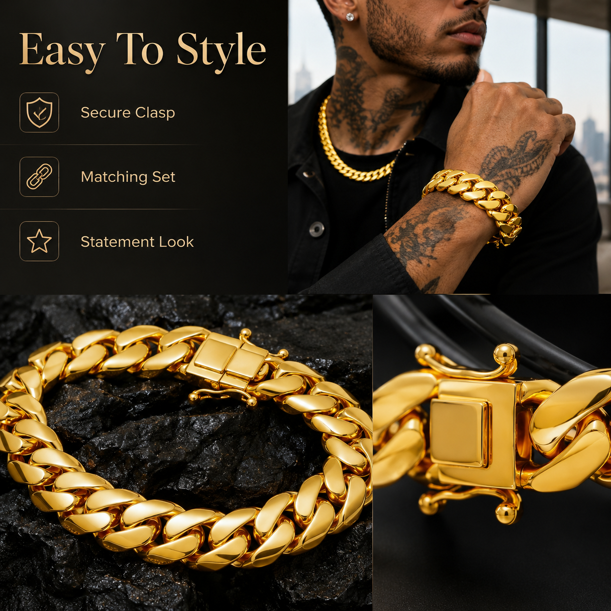 🔥 Men’s Chunky Gold-Tone Cuban Link Bracelet – Bold Hip-Hop Statement Jewelry ✨