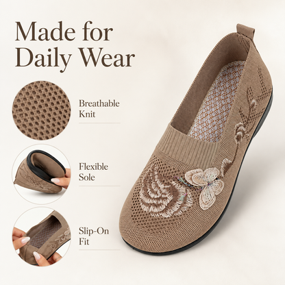 🌸 Women's Ultra-Soft Embroidered Knit Slip-On Shoes with Flexible Non-Slip Rubber Sole