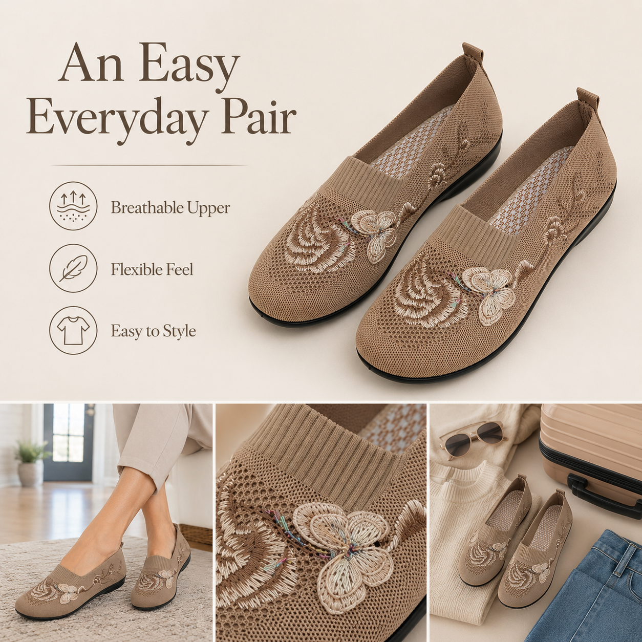 🌸 Women's Ultra-Soft Embroidered Knit Slip-On Shoes with Flexible Non-Slip Rubber Sole