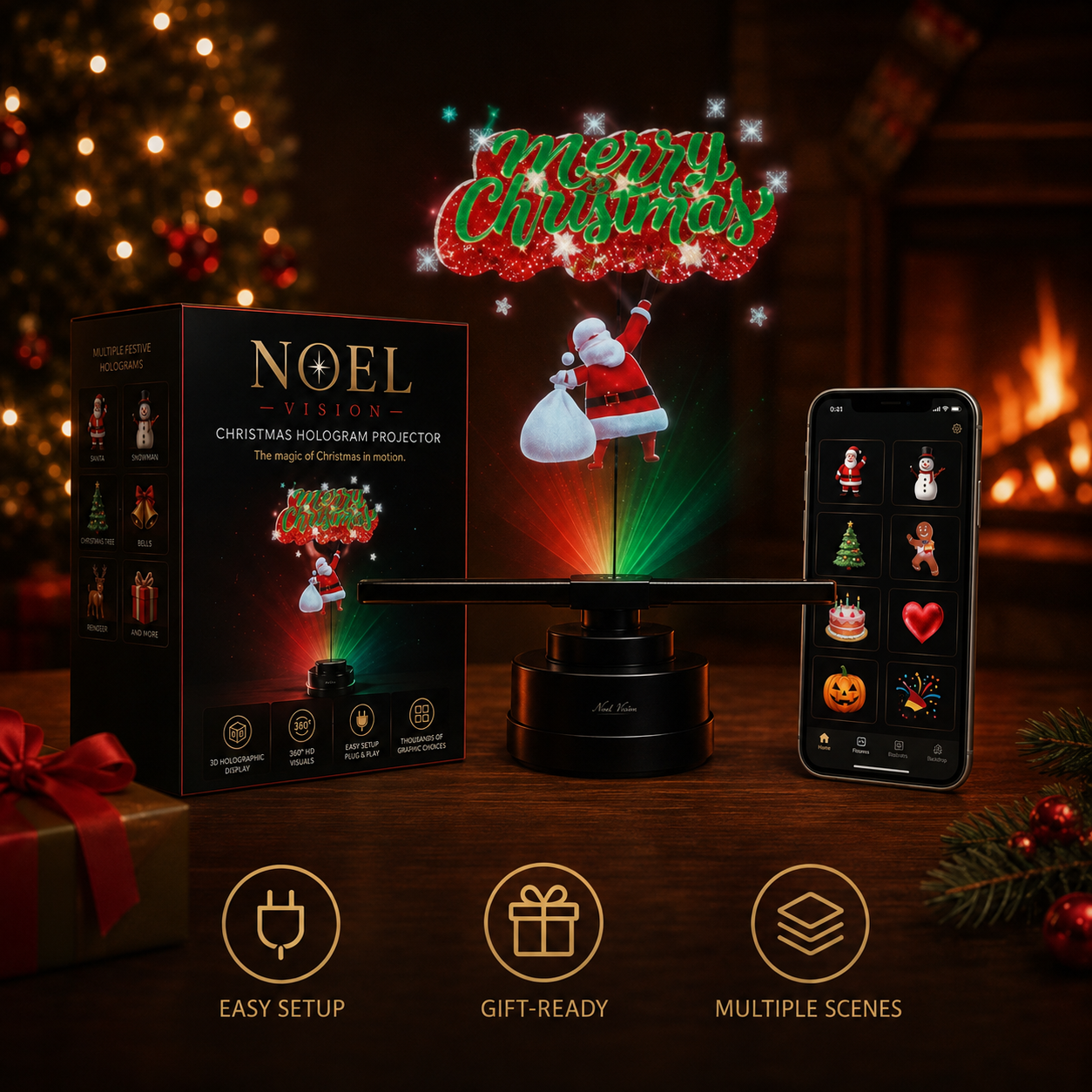 🎄 3D Hologram Fan Projector, 360° Floating Animated Christmas Display with Remote