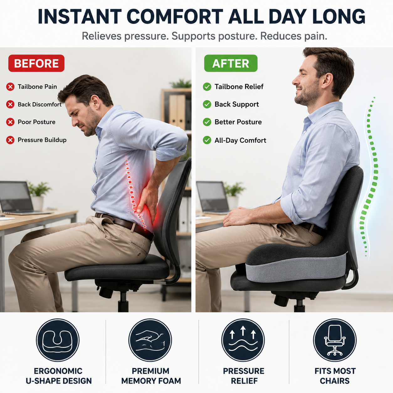 🔥50% off on the last day| Sitting All Day? This Cushion Helps Relieve Back & Tailbone Pressure Instantly