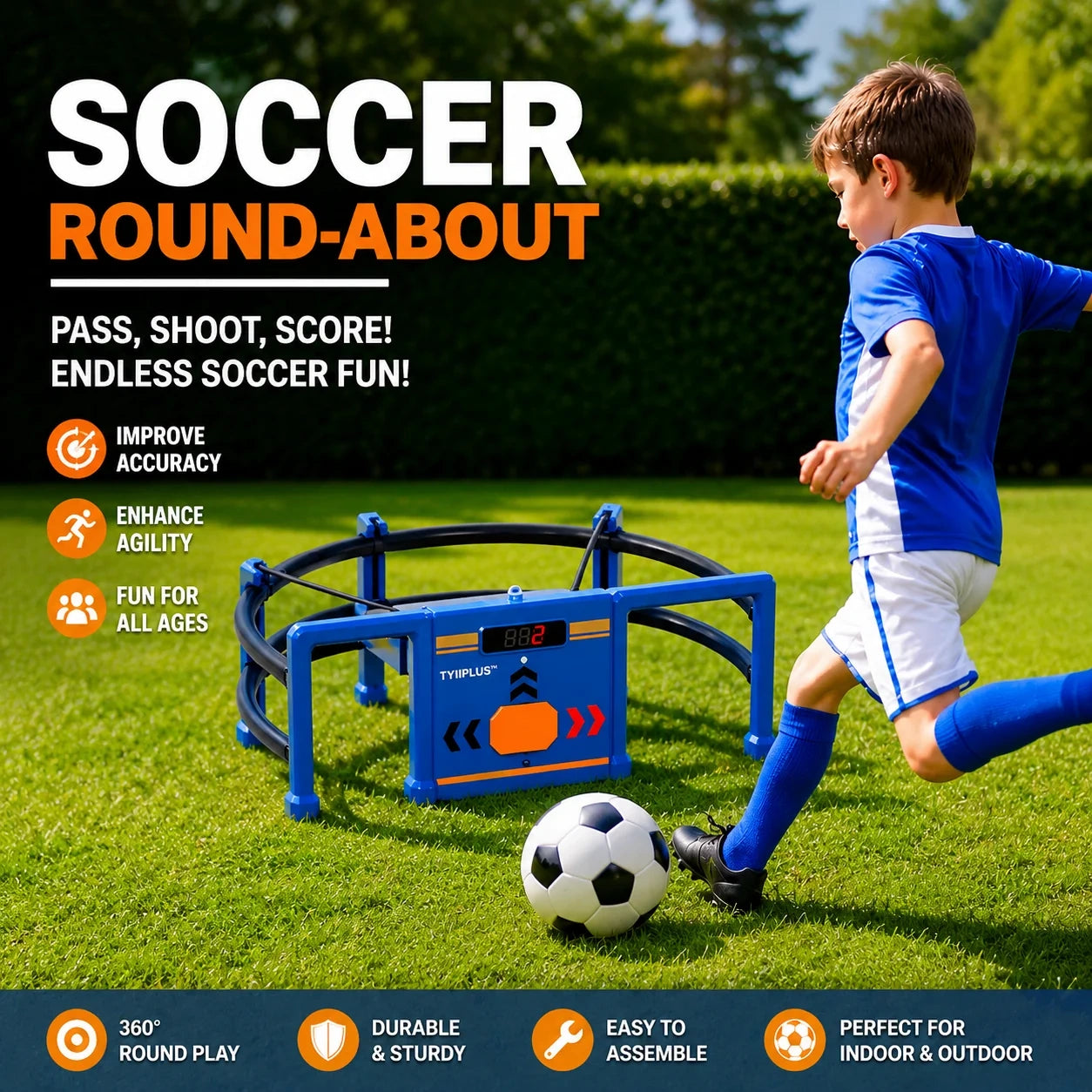 Soccer Round-About Interactive Soccer Training Game with Auto Scoring, LED Lights & Projector – Indoor & Outdoor Soccer Toy for Kids