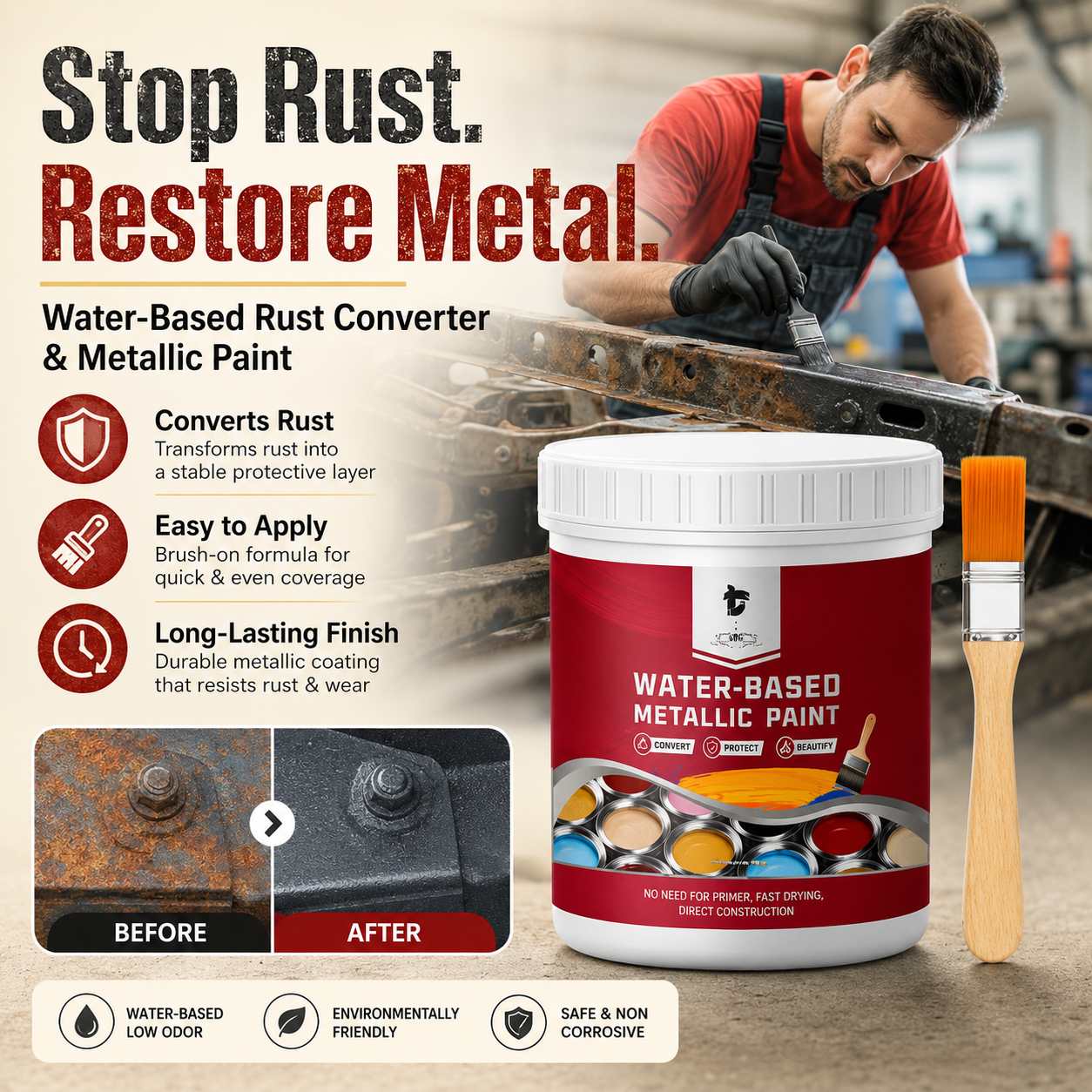 🛡️ Water-Based Rust Converter & Metallic Paint – Stop Rust. Restore Metal.