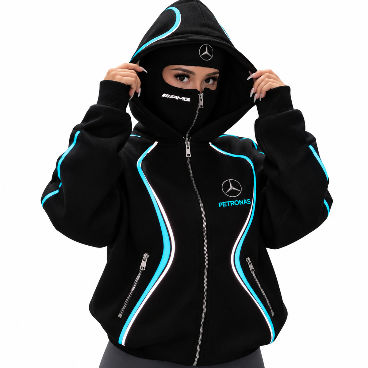⚡ Full Zip Techwear Hoodie with Built-In Face Cover – Oversized Hooded Streetwear Jacket with High-Contrast Racing Trim, Zipper Pockets & Full Face Zip Design for Casual Outdoor Wear 🏁🔥