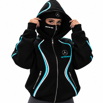⚡ Full Zip Techwear Hoodie with Built-In Face Cover – Oversized Hooded Streetwear Jacket with High-Contrast Racing Trim, Zipper Pockets & Full Face Zip Design for Casual Outdoor Wear 🏁🔥