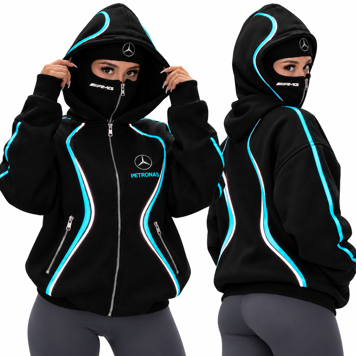 ⚡ Full Zip Techwear Hoodie with Built-In Face Cover – Oversized Hooded Streetwear Jacket with High-Contrast Racing Trim, Zipper Pockets & Full Face Zip Design for Casual Outdoor Wear 🏁🔥