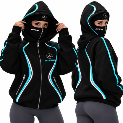 ⚡ Full Zip Techwear Hoodie with Built-In Face Cover – Oversized Hooded Streetwear Jacket with High-Contrast Racing Trim, Zipper Pockets & Full Face Zip Design for Casual Outdoor Wear 🏁🔥